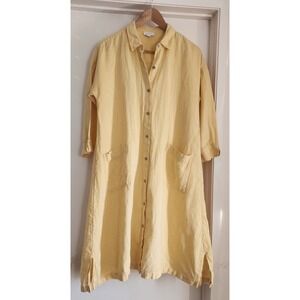 Purejill Butter Yellow 100% Linen Shirt Dress with Pockets Midi Sz S